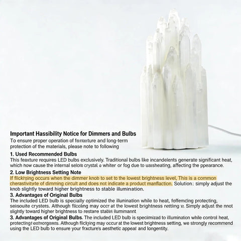 Handcrafted Selenite Lamp With Mountain Peak Design, shown with dimmable knob instruction for optimal lighting use.