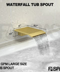 Waterfall tub spout in gold finish with water flow; dimensions labeled at 4 inches width and 6.3 inches length.