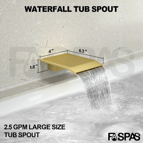 Waterfall tub spout in brushed nickel with wall mounted 2.5 GPM flow, beside wall mounted shower system with handheld shower head