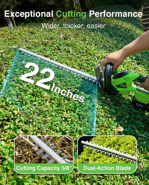 22 Inch Cordless Hedge Trimmer With Dual Action Blades Beefy 20V Power Two 4.0Ah Batteries cutting green hedge