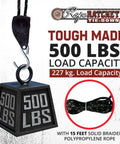 Beefed Up Heavy Duty Rope Hoist With Locking Pulley And Ratchet Adjustable Hanger for 500 Lb Capacity Load