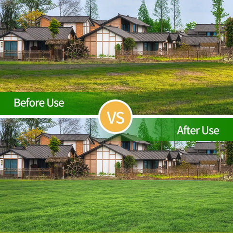 Comparison of lawn before and after using a Rolling Lawn Aerator With 18 Inch Roller And 50 Inch Handle Manual Lawn Aerator Tool