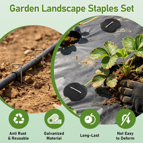 200 Piece Garden Staples Kit Including 100 6 Inch U Shaped Landscape Staples And 100 Fixing Gaskets For Weed Barrier Fabric Ground Cover Fences And Artificial Turf