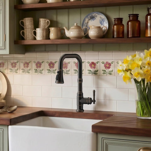 Vintage Kitchen Sink Faucet With Pull Down Sprayer And Single Handle, oil rubbed bronze finish in rustic kitchen setting.