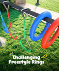 Challenging freestyle rings on 65-Foot Ninja Warrior Obstacle Course For Kids With Swing And 11 Obstacles For Backyard Tree Slackline Jungle Gym Outdoor Playset With Saucer Swing 360 Degree Rotation Ninja Twister Trapeze Bar Climbing Net Ladder