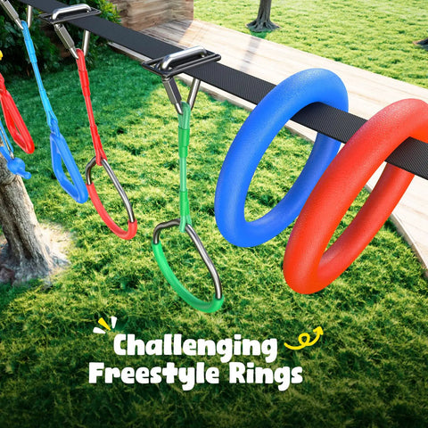 Challenging freestyle rings on 65-Foot Ninja Warrior Obstacle Course For Kids With Swing And 11 Obstacles For Backyard Tree Slackline Jungle Gym Outdoor Playset With Saucer Swing 360 Degree Rotation Ninja Twister Trapeze Bar Climbing Net Ladder