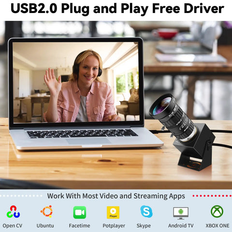 Top Tier 48MP USB Webcam Pumping Out Straight Fire 8K Ultra HD Video With 5 To 50MM 10X Manual Zoom Lens on desk with laptop.