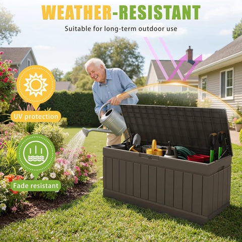 Built Tough 82 Gallon Outdoor Storage Box With Secure Lock Lid For Patio Furniture And Garden Tools Waterproof UV Resistant Deck Bin Keeps Your Stash Dry Rain Or Shine Dark Brown