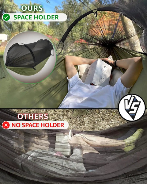 Comparison of Ultralight Camping Hammock With Mosquito Net And Rain Fly showing space holder feature with person lying inside