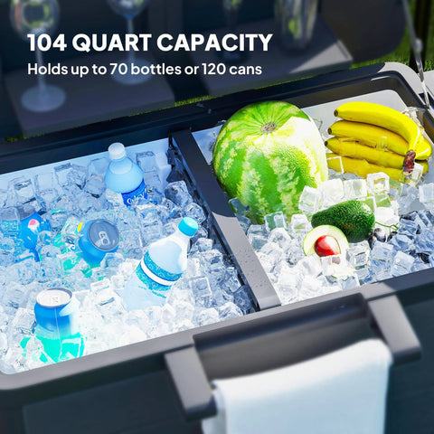 104 Quart Outdoor Cooler On Wheels With Bottle Opener And Shelves Rolling Ice Chest For Pool Decks Poolside Parties BBQs And Backyard Hangouts Built In Divider For Separate Drinks And Fruit Black with ice and beverages