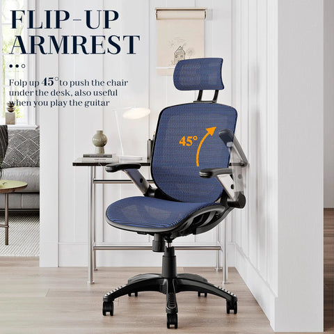 Ergonomic Mesh Office Chair With Adjustable Headrest 90 To 120 Degree Tilt Lock Flip Up Armrests Lumbar Support in blue