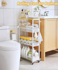 7.1 Inch Wide Slim Rolling Storage Cart On Wheels With Four Tiers, Narrow Metal Utility Cart With Handle And Wood Top in bathroom use