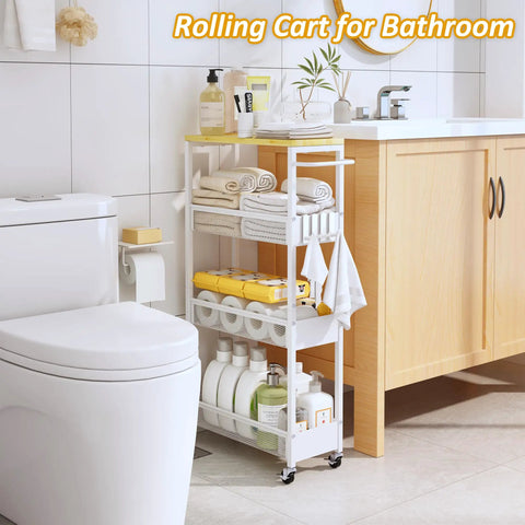 7.1 Inch Wide Slim Rolling Storage Cart On Wheels With Four Tiers, Narrow Metal Utility Cart With Handle And Wood Top in bathroom use