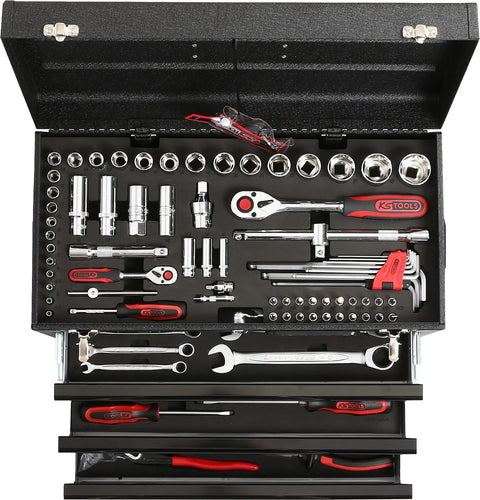 ChromePlus Universal Tool Set, 99 Piece Gear With One Quarter Inch And One Half Inch Drive Bits, Clear Case, hand tools displayed