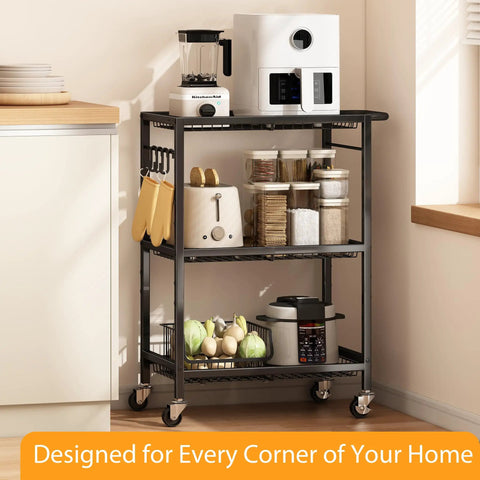 Three-Tier Rolling Cart With 150 Pound Capacity, Lightweight Black Kitchen Storage Cart With Two Lockable Wheels in a kitchen
