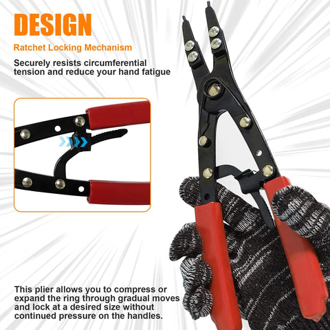 Heavy Duty 10 Inch Spindle Snap Ring Pliers Set With Ratchet Lock for Internal and External Circlips Quick Install and Removal