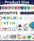 56Pcs Science Bulletin Board Decorations Set with lab-themed cutouts, borders, and adhesive dots shown with product sizes.