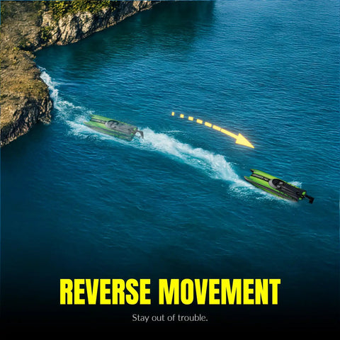 Sick High Speed RC Boat For Adults 20MPH Remote Control Boat For Pools And Lakes Dual Battery Pack With Reverse Function Durable 7955 Green Toy Speedboat For Water Adventures showing reverse movement in the water.