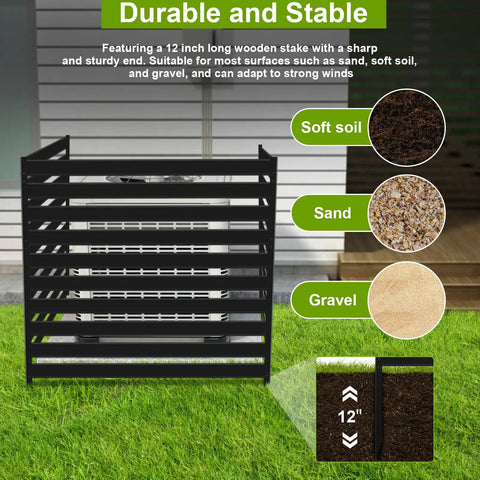 Outdoor AC Unit Fence Screen Set, 3 Panels, showing durability on grass with soil, sand, and gravel, 12-inch stake detail