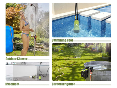 Cordless Submersible Water Transfer Pump 530 GPH 2 Bar used for garden irrigation, outdoor shower, pool, and basement settings