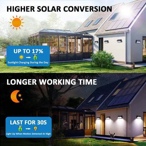 Day and night view of house with Outdoor Solar Motion Sensor Lights 100 LED Waterproof Security Wall Lights with Wide Angle for Garden