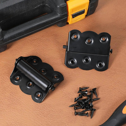 2 Pcs Stainless Steel Self Closing Screen Door Hinges 2.4 X 3 Inch Spring Loaded Black with screws on leather surface