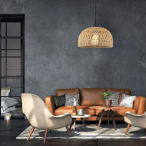 Cozy living room with Plug In Pendant Light With Dimmable Cord Handcrafted Rattan Wicker Basket Shade Boho Farmhouse Hanging Lamp
