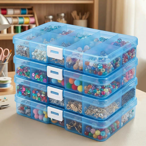 Blue 4 Pack Plastic Organizer Boxes With 40 Grids, Stackable Jewelry And Craft Storage Case with beads and trinkets.