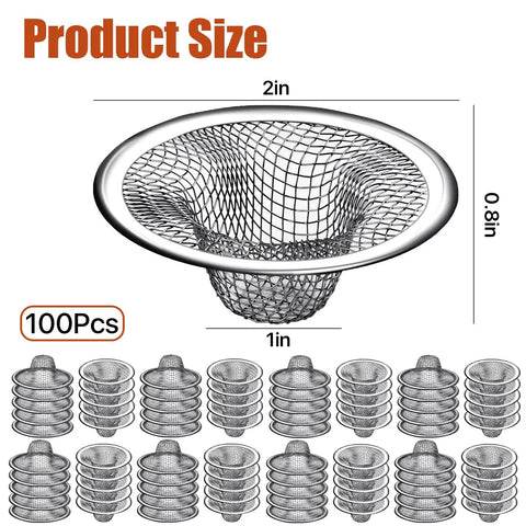 100 Pack Stainless Steel Sink Drain Strainers For Bathroom And Kitchen With 2 Inch Top Mesh Catcher To Block Clogs Easy Install Heavy Duty Plumbing Filter Every Home Owner Gotta Grab product sizes displayed with 2-inch top mesh.