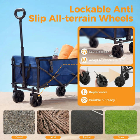 Heavy Duty Collapsible Wagon Cart 67L With 220 Lbs Capacity Adjustable Handle Lightweight Portable Design All Terrain Wheels
