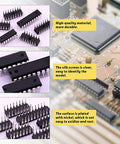 66 Piece DIP IC Sockets Assortment 6 Pin To 28 Pin Flat For PCB Prototyping And DIY Electronics Projects Double Row Insulated Plastic Chip Socket Connectors showcasing material and features.
