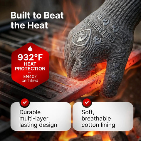 932F Extreme Heat Resistant Oven Gloves With Fingers For Grilling And Cookin In The Kitchen handling hot coals