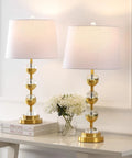 Clear Brass Gold Crystal LED Table Lamps Set of 2 with White Linen Shades on a modern living room console
