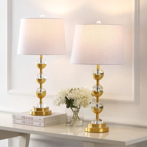 Clear Brass Gold Crystal LED Table Lamps Set of 2 with White Linen Shades on a modern living room console