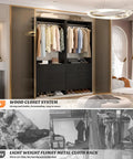Image of Black 7.2 Ft Wood Closet System Organizer, Set of 4 Modular Wardrobe Units with Hanging Rods, showcasing stylish storage for clothes.