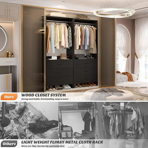 Image of Black 7.2 Ft Wood Closet System Organizer, Set of 4 Modular Wardrobe Units with Hanging Rods, showcasing stylish storage for clothes.