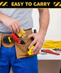 Person wearing tool belt holding a Campground Certified 30 Amp Generator Adapter Nema L5-30P, ready for travel trailers.