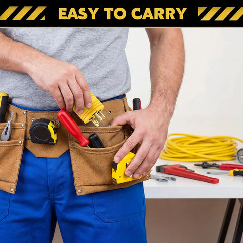 Person wearing tool belt holding a Campground Certified 30 Amp Generator Adapter Nema L5-30P, ready for travel trailers.