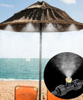 Beach umbrella with misting system and close-up of 20 Pack Brass Misting Nozzles, 20 Pack Misting Nozzle Tees, And 2 End Plugs For Outdoor Patio Cooling System Bundle.