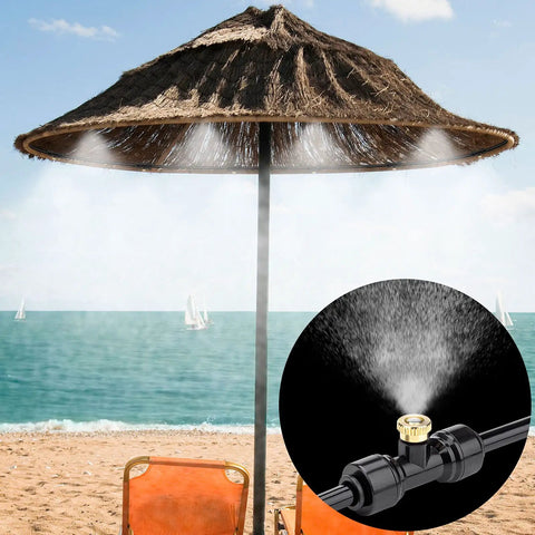 Beach umbrella with misting system and close-up of 20 Pack Brass Misting Nozzles, 20 Pack Misting Nozzle Tees, And 2 End Plugs For Outdoor Patio Cooling System Bundle.
