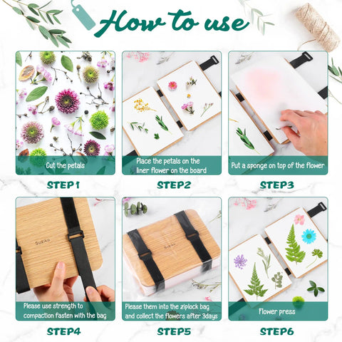 Step-by-step instructions using Professional Flower Press Kit With Six Layers And A 6.3 By 8.3 Inch Pressing Area for pressing flowers.