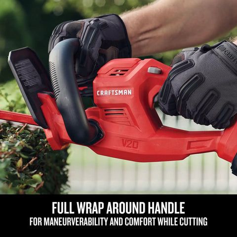 Person using V20 Cordless Hedge Trimmer With Battery And Charger Included 20 Inch Dual Action Blade, trimming hedge with ease.