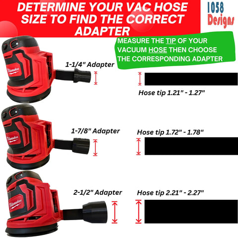 Diagram showing Vacuum Dust Collection Reducer Adapter For 5 Inch Random Orbit Sanders To 1-1/4 Inch Shop Vac Hose with size options.