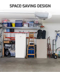 Stand Up Freezer With Reversible Door 5 Cubic Feet in garage, space-saving design with steel shelves for frozen meal storage.