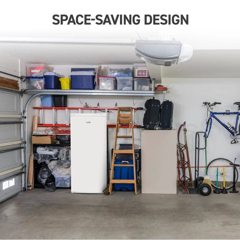 Stand Up Freezer With Reversible Door 5 Cubic Feet in garage, space-saving design with steel shelves for frozen meal storage.