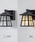 Porch Light With Built In Outlet GFCI No Fuss Outdoor Wall Sconce Lantern with seeded glass, shown off and on, black aluminum finish.