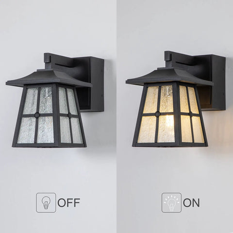 Porch Light With Built In Outlet GFCI No Fuss Outdoor Wall Sconce Lantern with seeded glass, shown off and on, black aluminum finish.