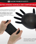 Hands stretching a Black Nitrile Disposable Gloves 5 Mil Thick Textured Latex Free Food Safe 3 Boxes of 100 Size Large Heavy Duty Grip
