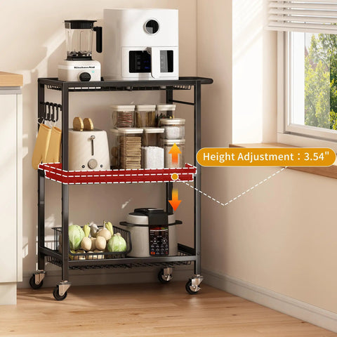 Three-Tier Rolling Cart With 150 Pound Capacity, Lightweight Black Kitchen Storage Cart With blender and jars