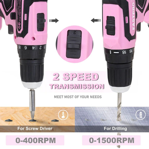 Close-up of Pink 232-Piece Drill Set With 20V Cordless Drill Driver showing 2 speed transmission feature